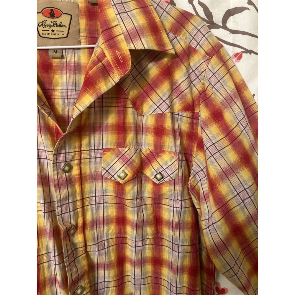 Larry Mahan Western Shirt Mens Medium Pearl Snap Plaid Sunset Cowboy Collection - Picture 6 of 15